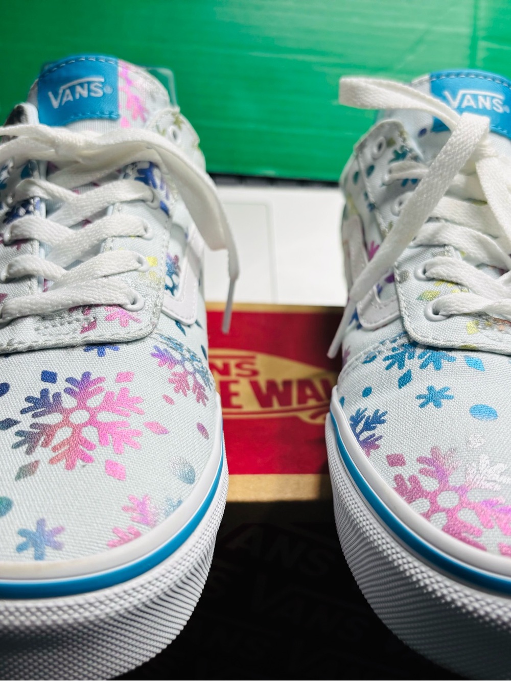 Vans White Canvas Low Top Sneakers with Pink, Blue & Purple Snowflakes